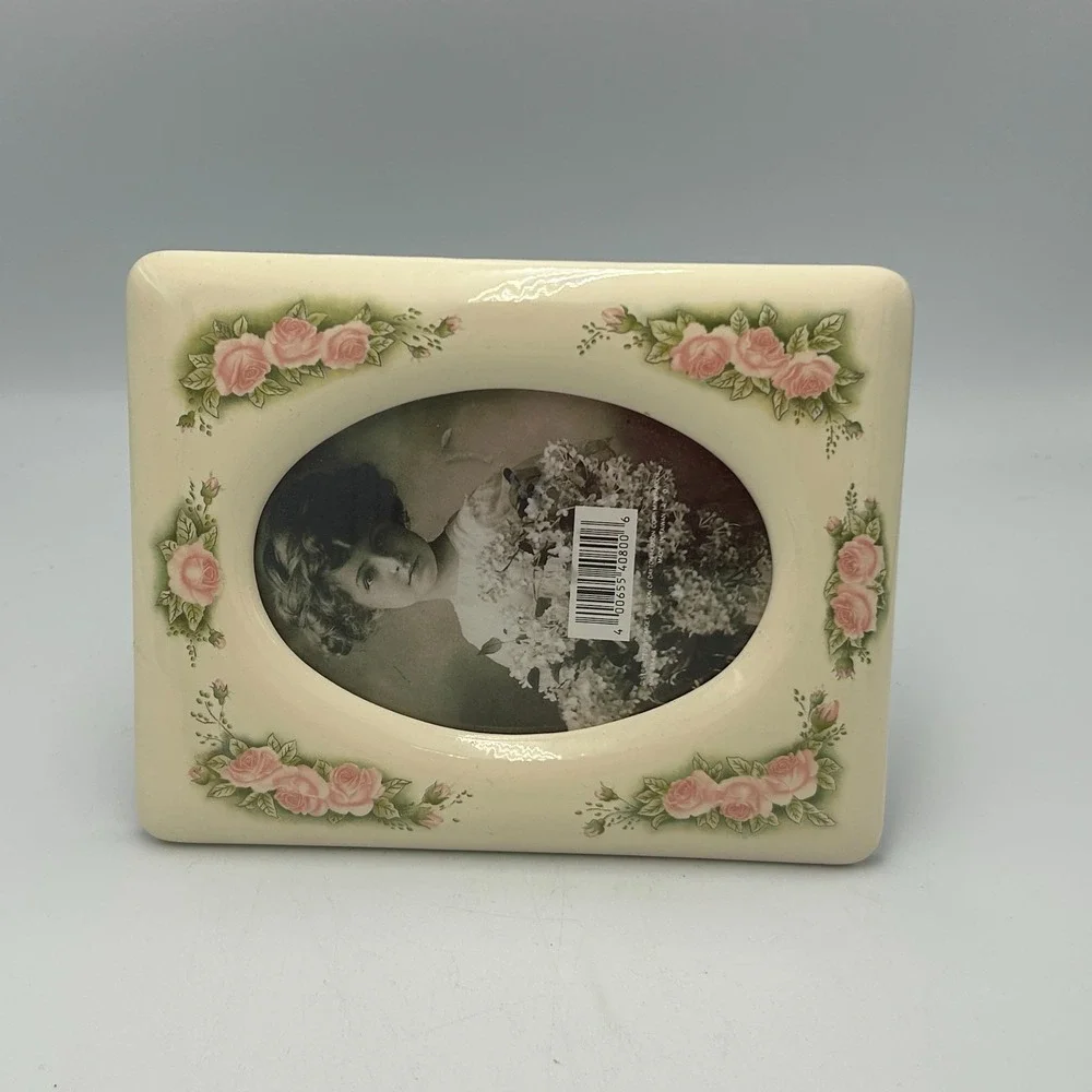 Victorian Picture Frame Pink Roses Rose Bud Floral Porcelain Oval Shaped 5